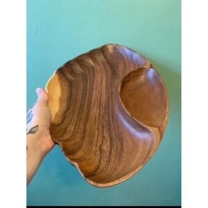 60s Vintage MCM Monkey Pod Wood Clam Shell Divided Chip & Dip Serving Tray